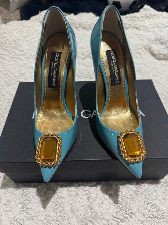 Dolce & Gabbana Shoes - Dolce & Gabbana Turquoise Patent Pointed Toe Pumps with Gold Jewel Accent SZ 41